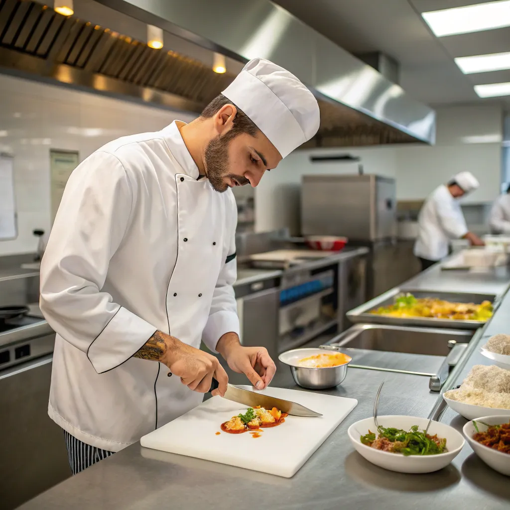 Professional chef at work in a culinary school kitchen